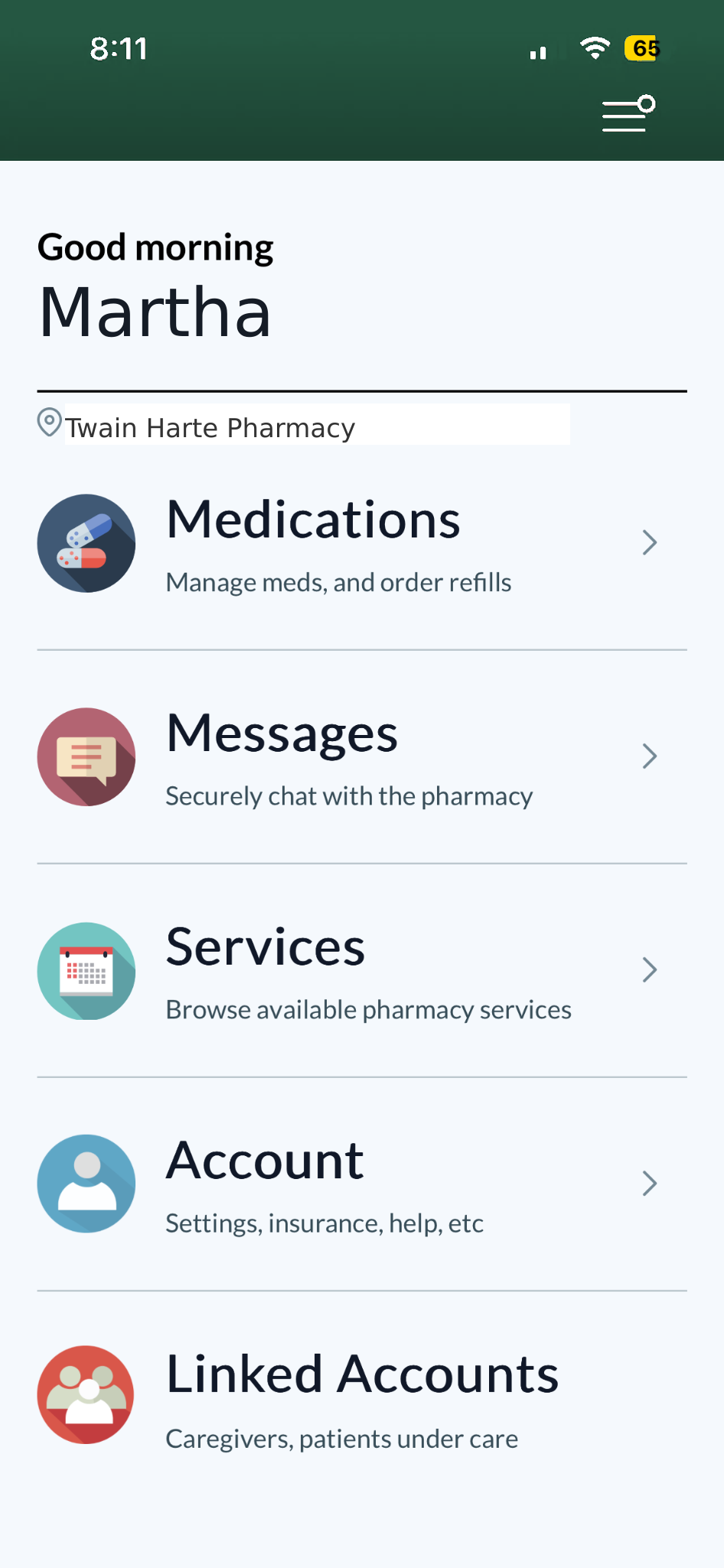 Twain Harte Pharmacy patient portal home screen