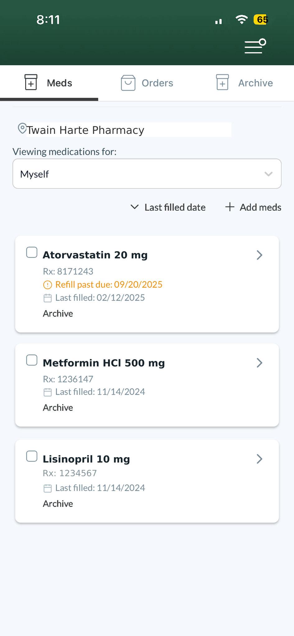 Twain Harte Pharmacy patient portal refills screen with Atorvastatin, Metformin, and Lisinopril