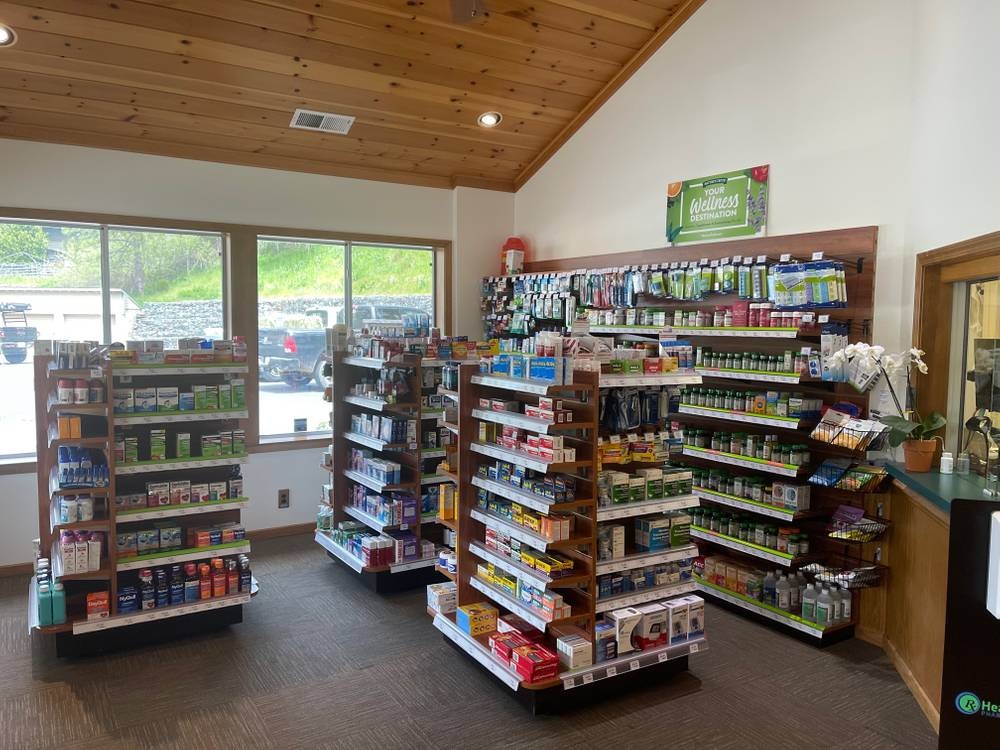 Inside Twain Harte Pharmacy, with shelves of health and wellness products